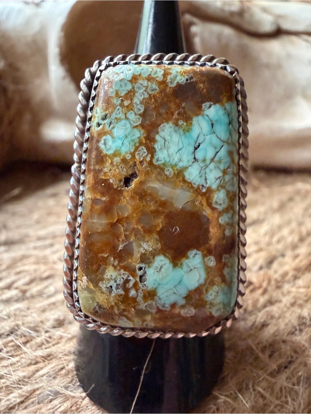 Leslie Nez Navajo Number Eight Turquoise, Rectangular Statement Ring - Picture 2 of 11